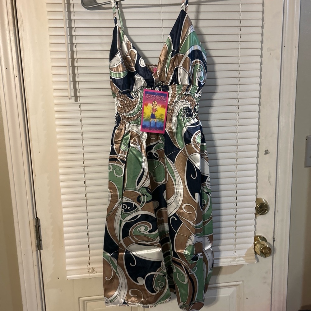Spaghetti strap Satin Maxi Dress with Swirl Print by SHE'COOL